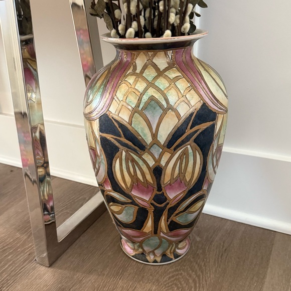 Large Ceramic Porcelain Hand painted Gold Blue Pink Brown Floral Flower Vase